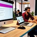 **A vibrant collaborative workspace in Barcelona, Spain.** Focus on a diverse group of people interacting in a modern coworking space. Show elements like a Slack channel displayed on a screen, people collaborating on laptops, and an overall atmosphere of community and innovation. The style should be inviting and reflect the energy of a shared working environment.
