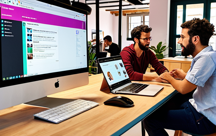 **A vibrant collaborative workspace in Barcelona, Spain.** Focus on a diverse group of people interacting in a modern coworking space. Show elements like a Slack channel displayed on a screen, people collaborating on laptops, and an overall atmosphere of community and innovation. The style should be inviting and reflect the energy of a shared working environment.