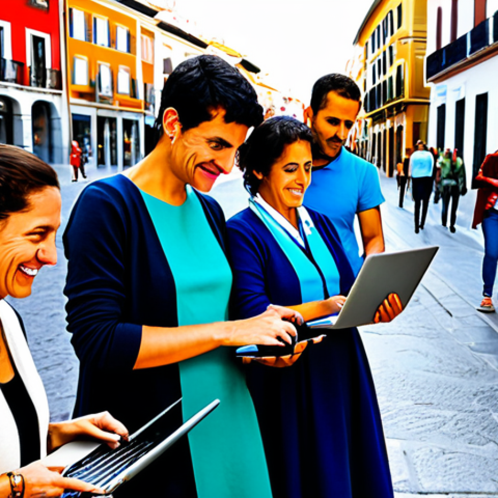 The Digital Divide**

"A diverse group of people, fully clothed in everyday Spanish attire, some looking frustrated at their laptops, others smiling confidently while using tablets. Background: A bustling city street in Madrid contrasted with a quiet, traditional village square. The image represents the challenges and opportunities of digitalization. Safe for work, appropriate content, family-friendly, perfect anatomy, correct proportions, professional illustration, high quality."

**