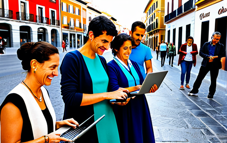 The Digital Divide**

"A diverse group of people, fully clothed in everyday Spanish attire, some looking frustrated at their laptops, others smiling confidently while using tablets. Background: A bustling city street in Madrid contrasted with a quiet, traditional village square. The image represents the challenges and opportunities of digitalization. Safe for work, appropriate content, family-friendly, perfect anatomy, correct proportions, professional illustration, high quality."

**
