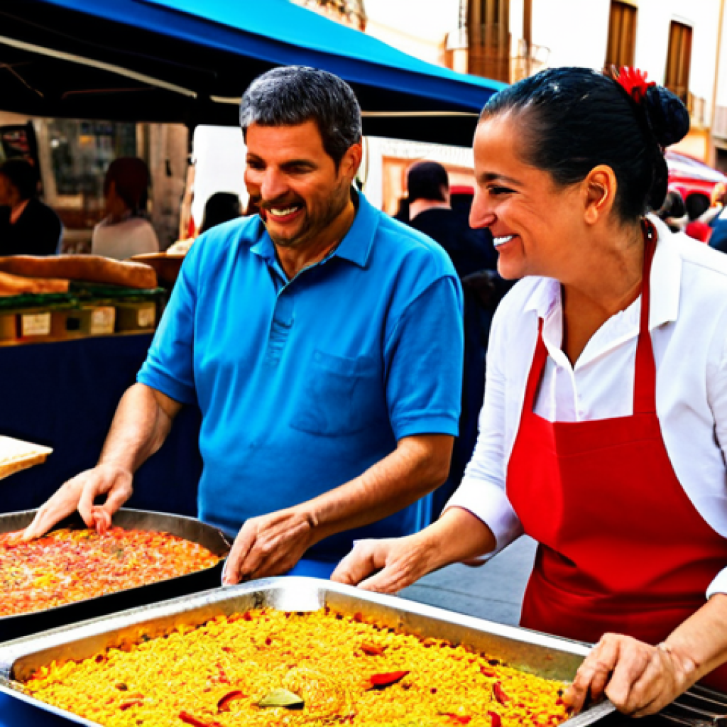 Skill Sharing**
"A vibrant outdoor marketplace scene in Barcelona, Spain. People are enthusiastically exchanging skills: a woman teaching flamenco to a small group, another man showing how to prepare paella. The scene is filled with colorful stalls displaying various crafts and local foods. fully clothed, appropriate attire, safe for work, perfect anatomy, natural proportions, professional, bright daytime lighting, friendly atmosphere, well-formed hands, proper finger count."
**