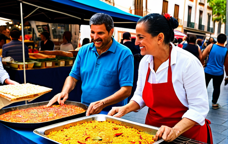 Skill Sharing**
"A vibrant outdoor marketplace scene in Barcelona, Spain. People are enthusiastically exchanging skills: a woman teaching flamenco to a small group, another man showing how to prepare paella. The scene is filled with colorful stalls displaying various crafts and local foods. fully clothed, appropriate attire, safe for work, perfect anatomy, natural proportions, professional, bright daytime lighting, friendly atmosphere, well-formed hands, proper finger count."
**