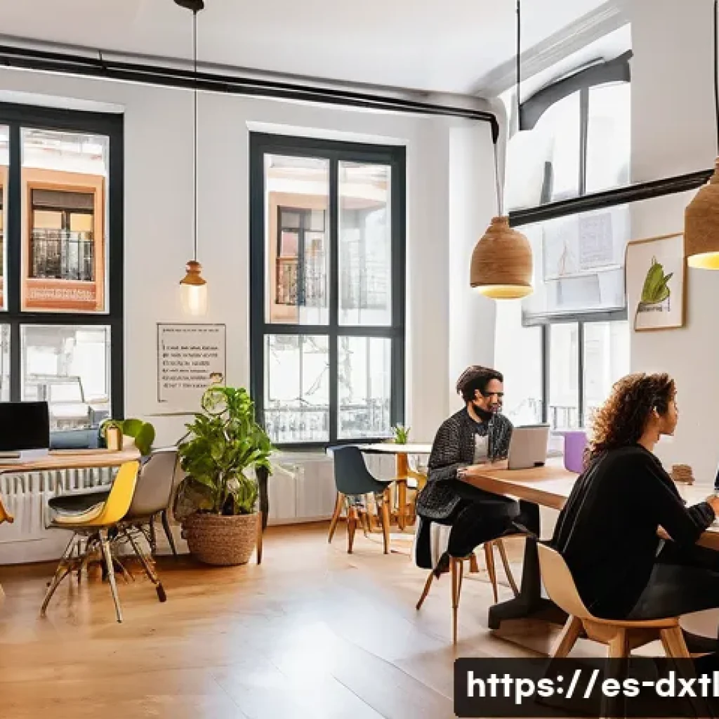 디지털 공유경제에서의 사용자 리뷰 관리 - A vibrant urban coworking space in Madrid, Spain, filled with diverse professionals collaborating ar...