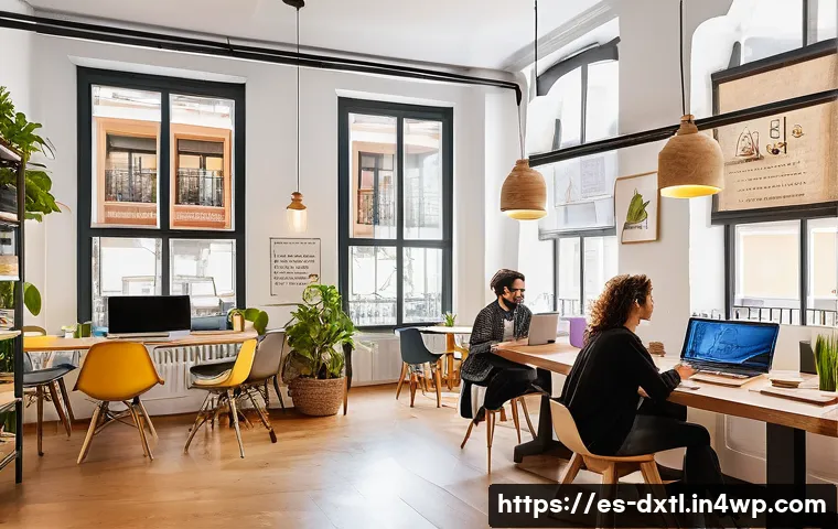 디지털 공유경제에서의 사용자 리뷰 관리 - A vibrant urban coworking space in Madrid, Spain, filled with diverse professionals collaborating ar...