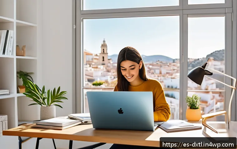 디지털 공유경제에서의 수익 창출 방법 - A modern digital freelancer workspace in a bright home office in Spain, featuring a young profession...