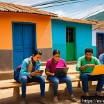 Home 18 디지털 공유경제의 도전 과제와 해결 방안 - A vibrant rural Latin American community scene showcasing diverse people using affordable smartphone...