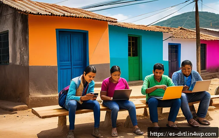 디지털 공유경제의 도전 과제와 해결 방안 - A vibrant rural Latin American community scene showcasing diverse people using affordable smartphone...