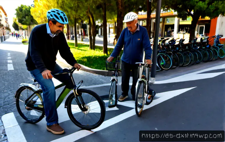 Home 17 디지털 공유경제와 사회적 책임 - Photorealistic street-level scene in a sunny Spanish-speaking city, a diverse group of adults using ...